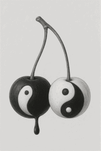 A black and white rendering of two stemmed cherries, playfully resembling the yin/yang symbol. A drop of black ink dramatically drips down from the bottom.