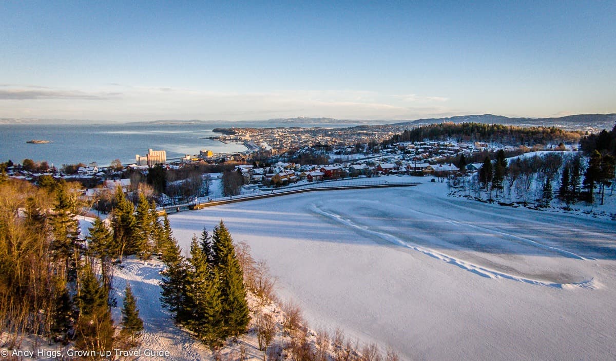 Aerial Video: Winter over Theisendammen, Trondheim, Norway