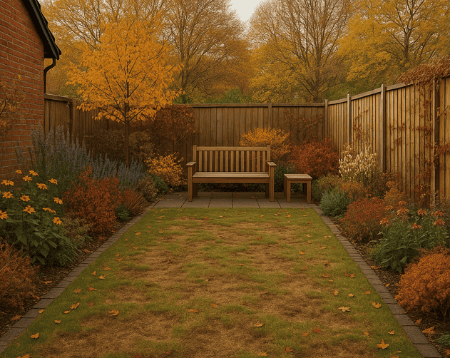 Lush autumn garden with cozy wooden bench and vibrant fall foliage, ideal for outdoor relaxation and landscaping.