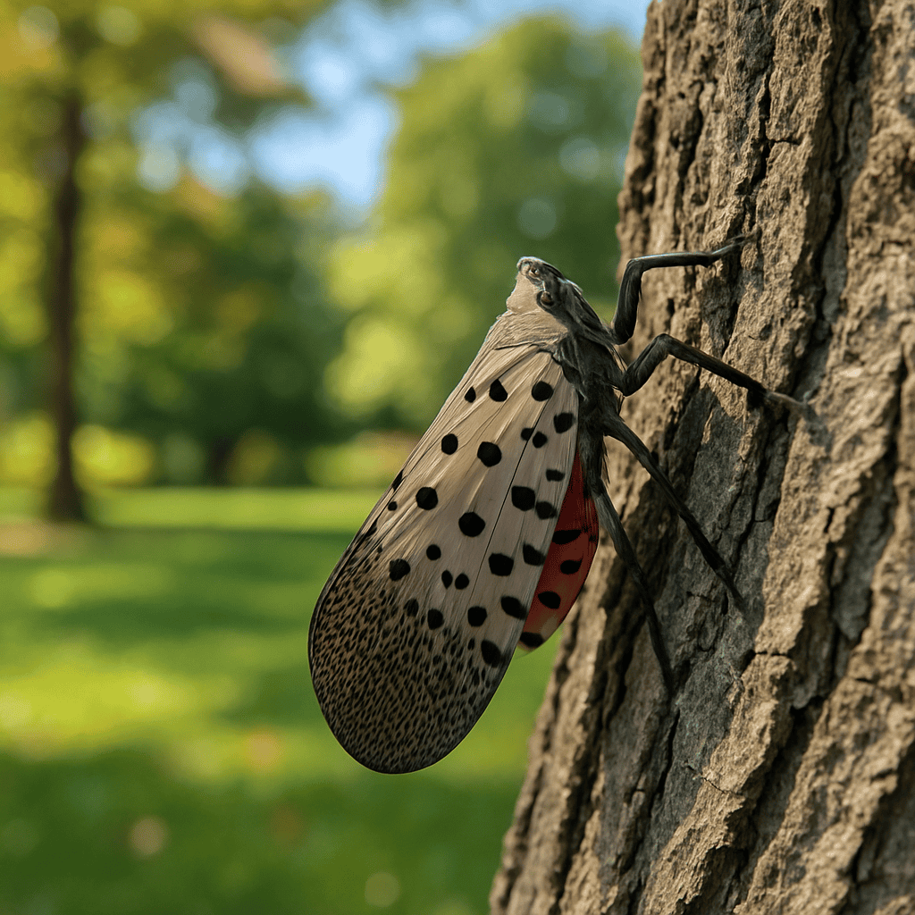adult spotted lanternfly on side of tree