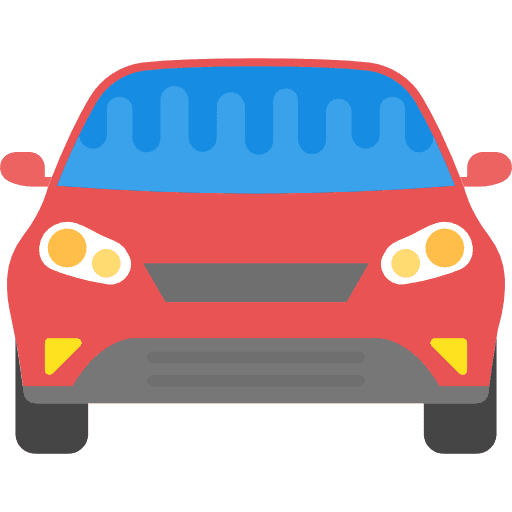 Front view of a red car with yellow headlights and blue windshield.