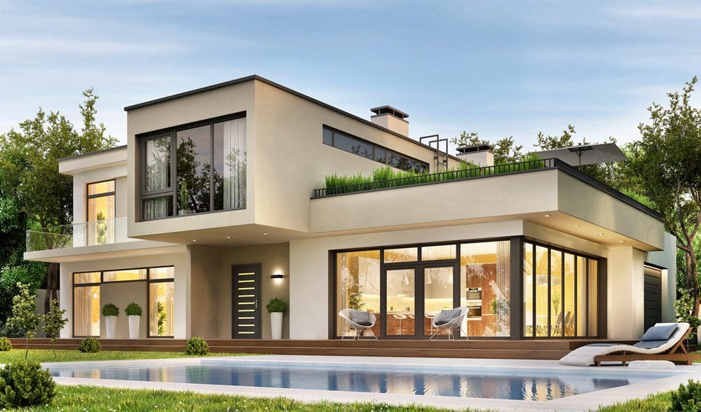 Modern house with a swimming pool and outdoor living space.