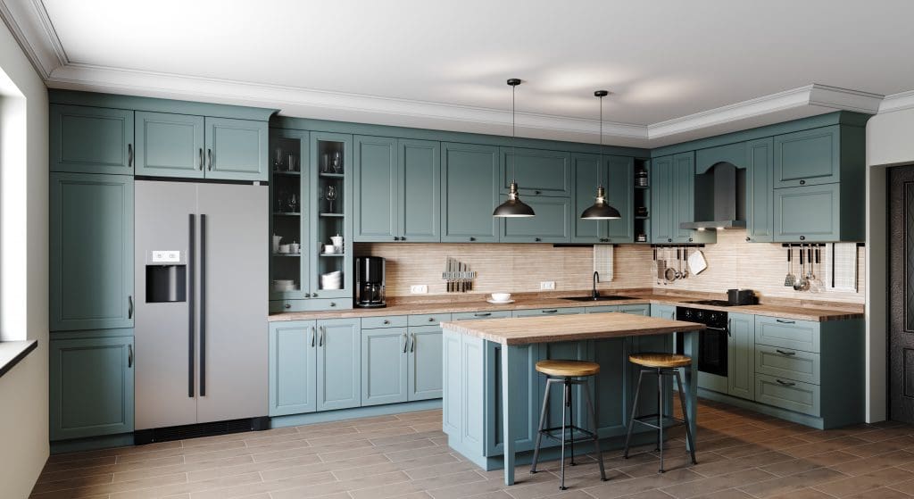 Modern kitchen with teal cabinets, stainless steel fridge, and wooden countertops.