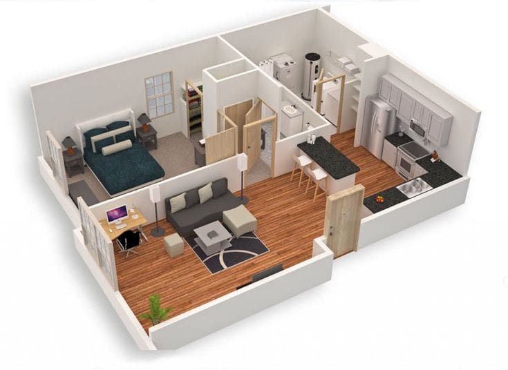 3D floor plan of a one-bedroom apartment with an open-concept living area.