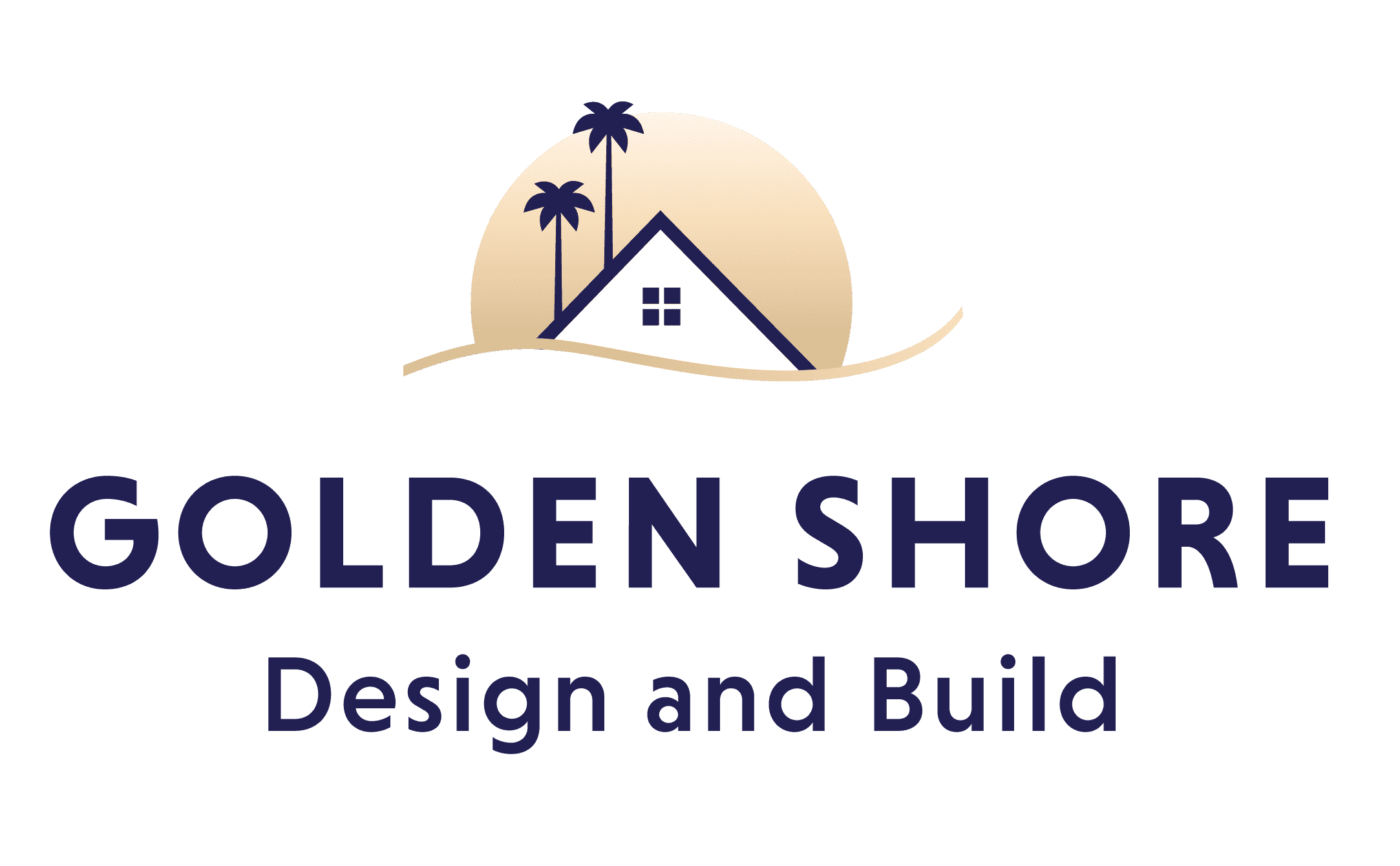 Golden Shore Design and Build logo with a house, palm trees, and sun.