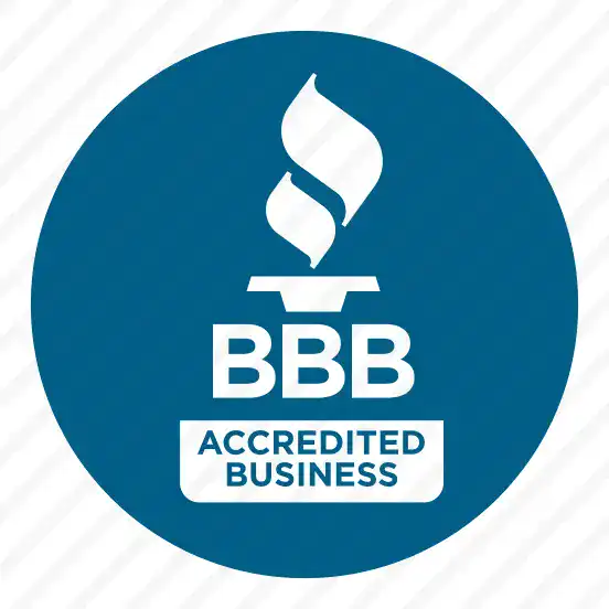 Blue circle with white BBB Accredited Business logo and flame icon.