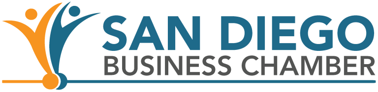 Logo for San Diego Business Chamber with orange and blue stylized figures.