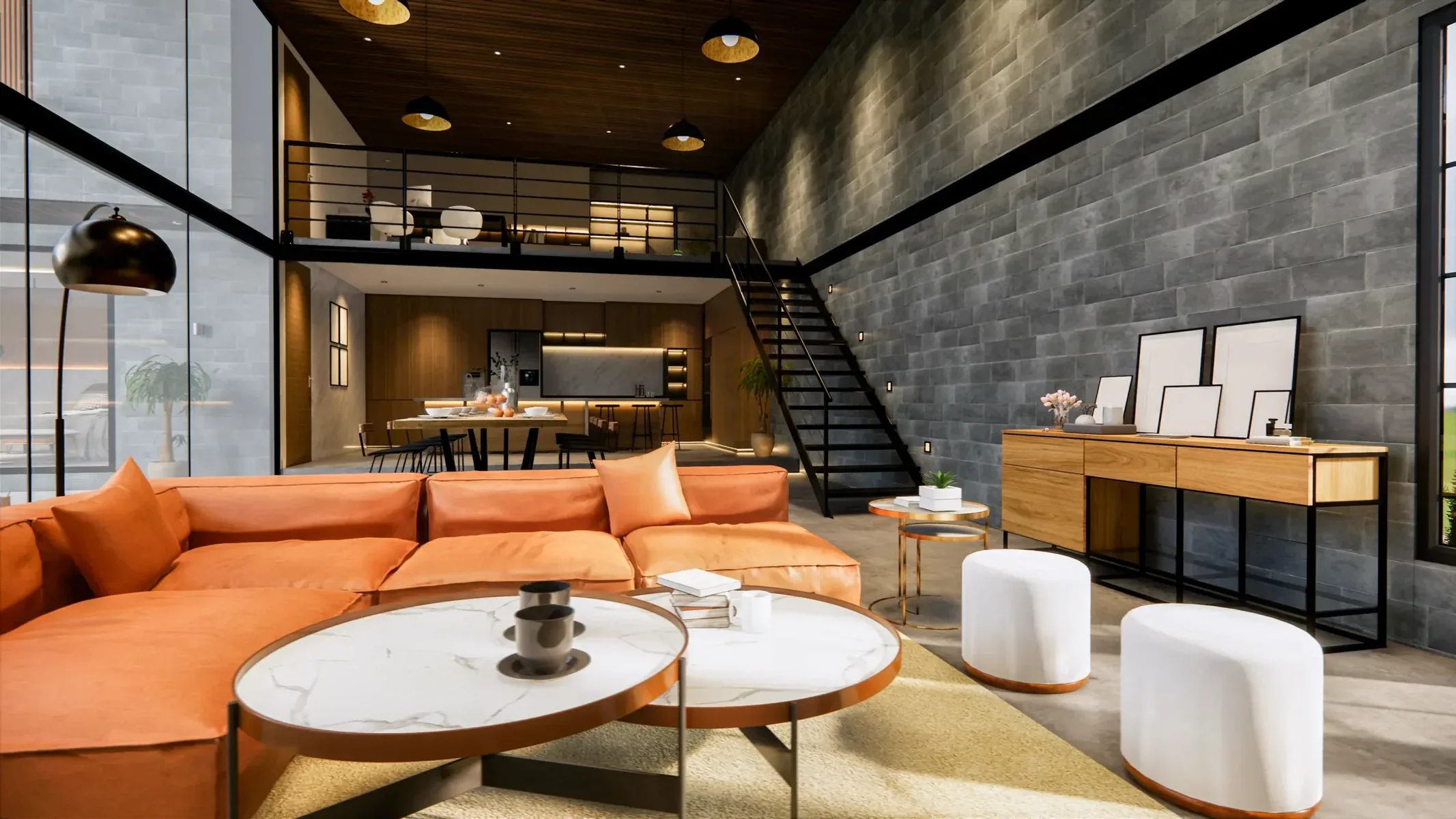 Modern living room with orange sofa, marble coffee tables, and a loft.