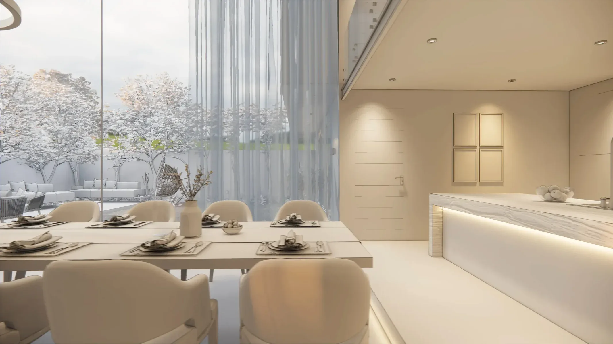 Modern dining room with white table and chairs, large windows, and outdoor patio.