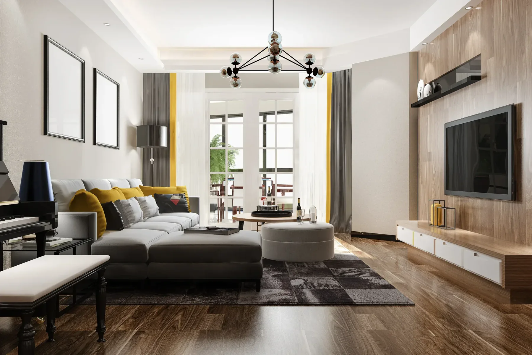 Modern living room with a large L-shaped sofa and a flat-screen TV.