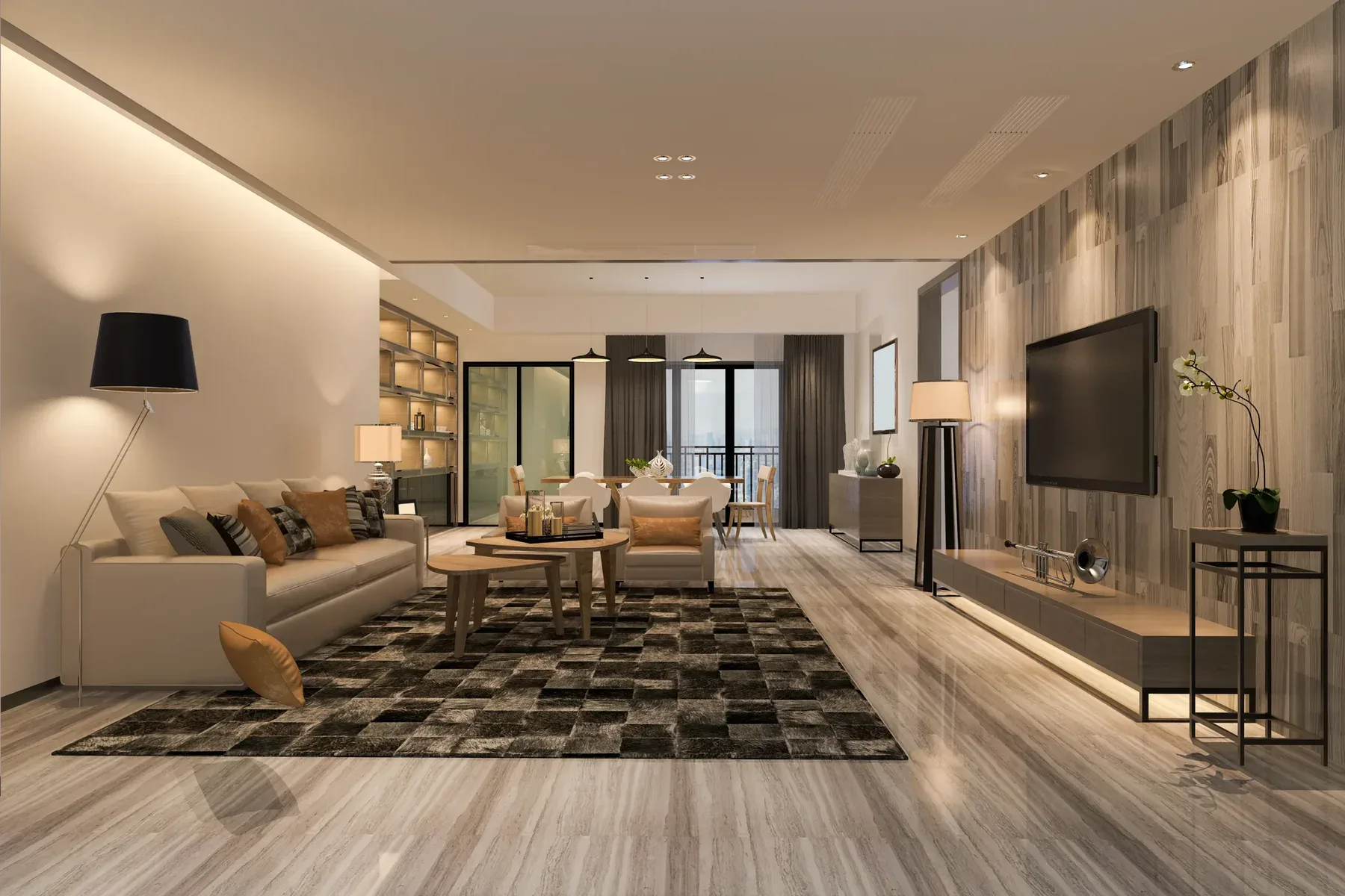 Modern living room with light beige sofa, patterned rug, and wall-mounted TV.