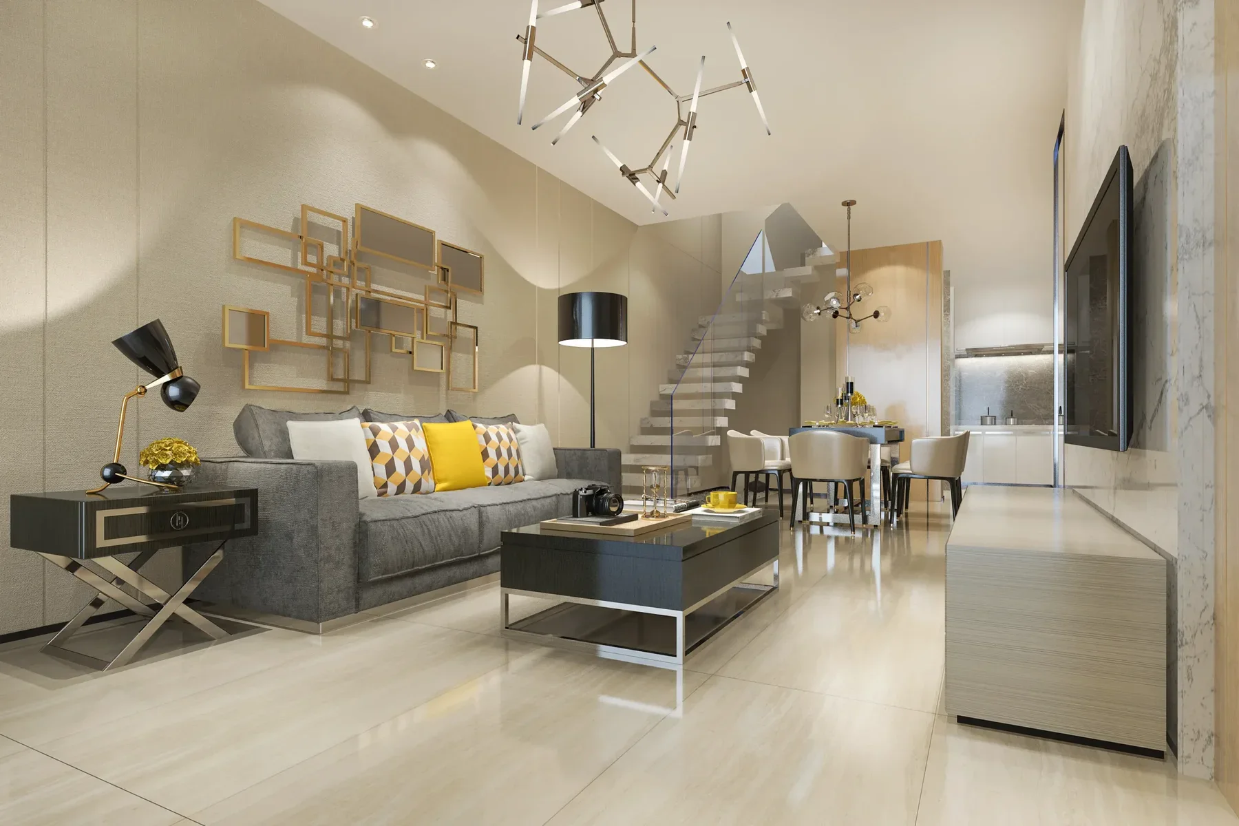 Modern living room with gray sofa, coffee table, and dining area.