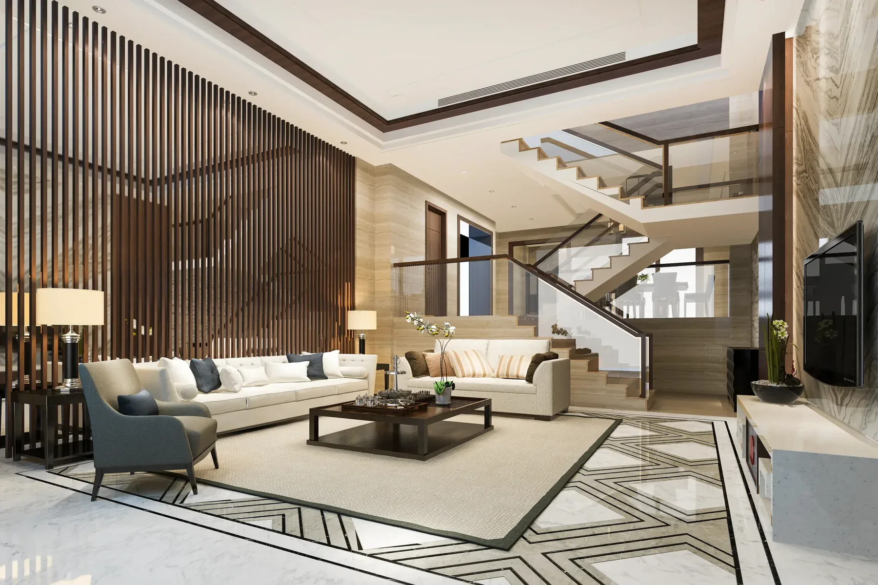 Modern living room with white sofas, a gray armchair, and a wooden slatted wall.