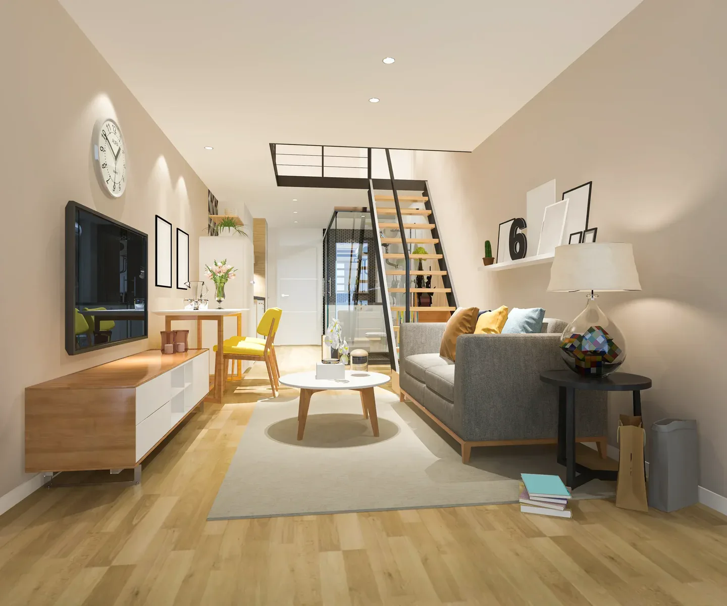 Modern living room with a grey sofa, wooden furniture, and a loft staircase.