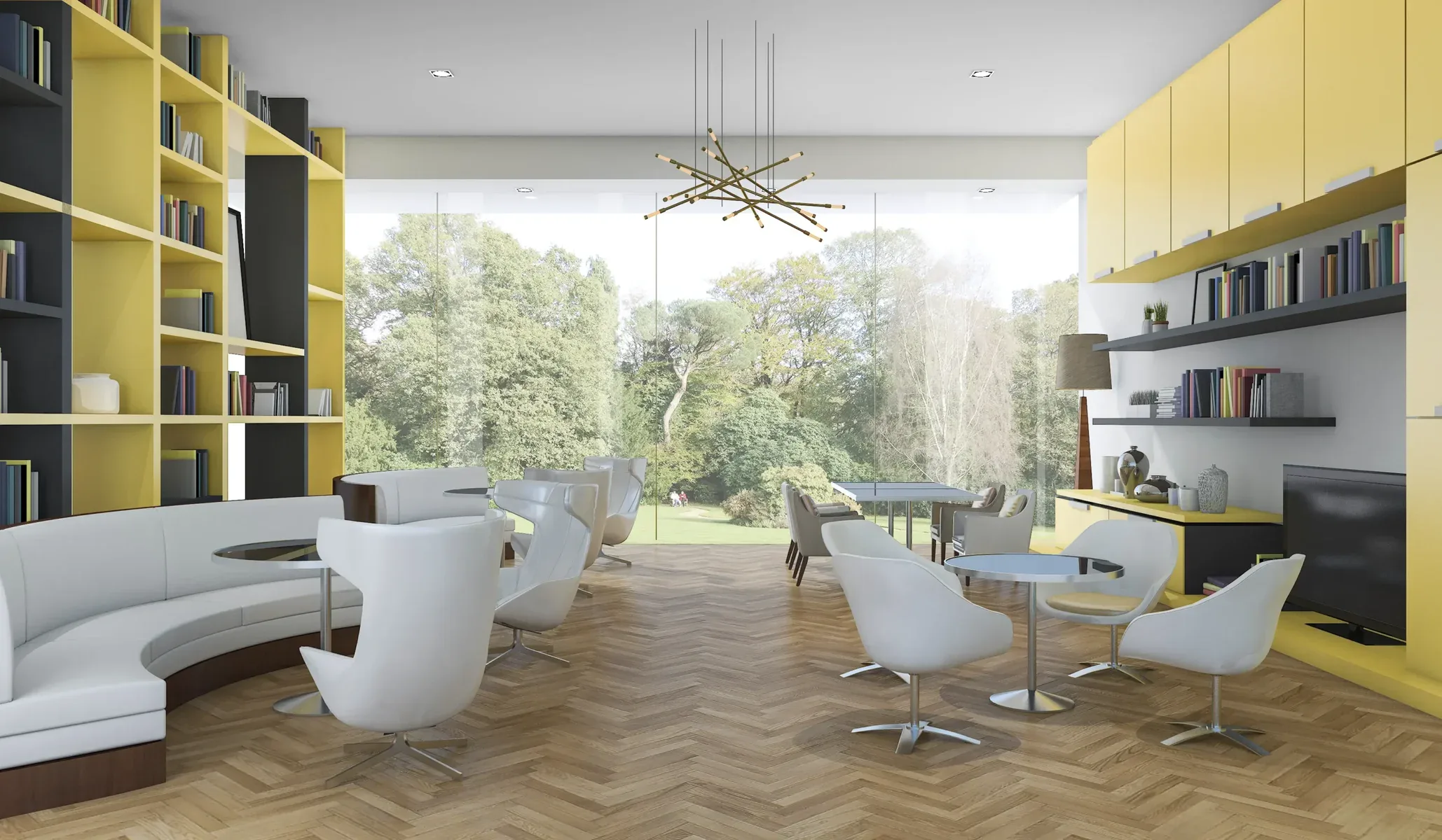 Modern lounge with yellow shelves, white seating, and large windows overlooking trees.
