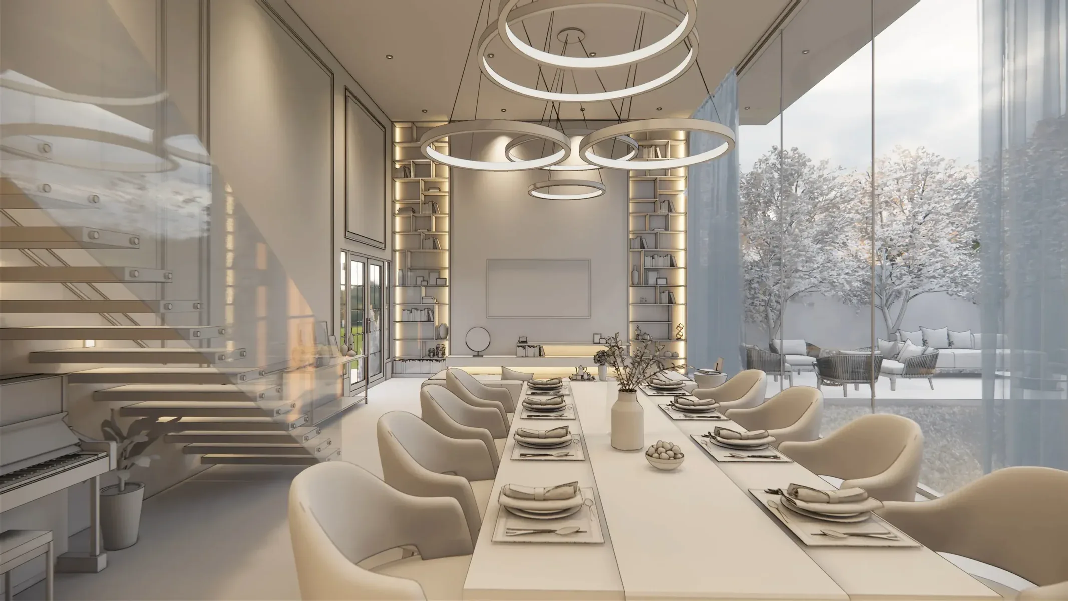 Modern dining room with a long table, chairs, and a view of a snowy landscape.