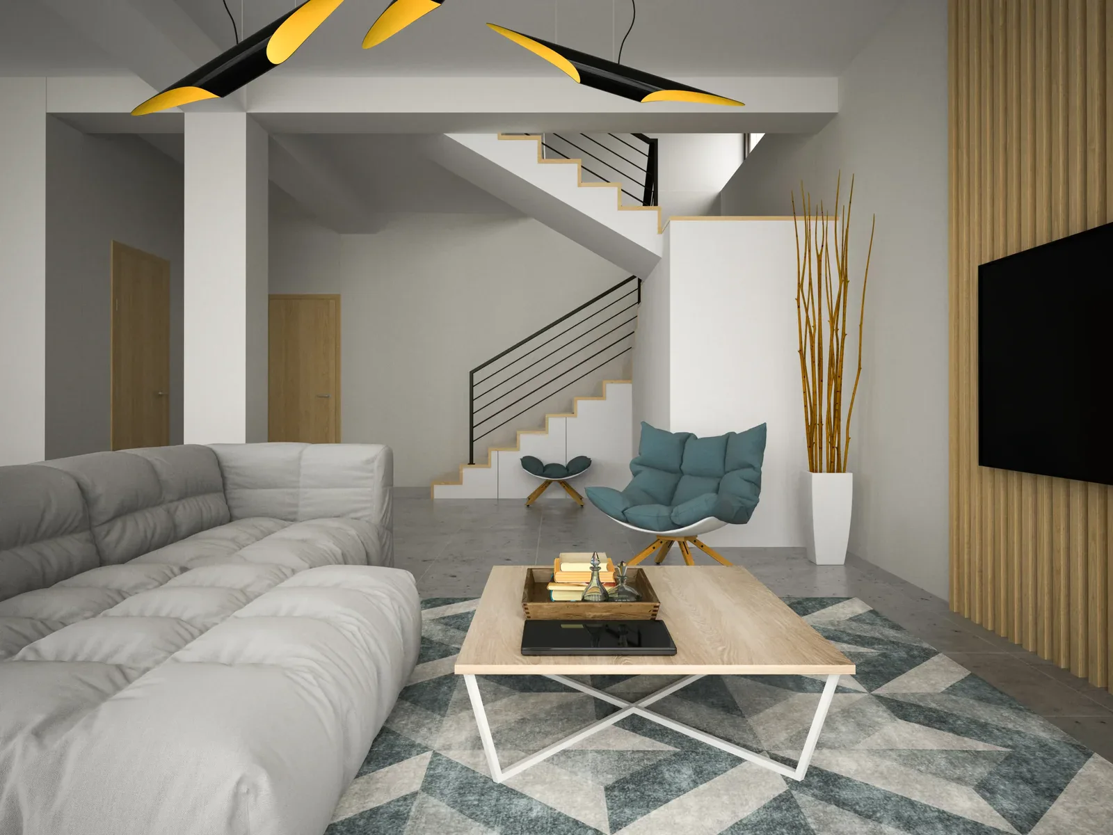 Modern living room with a light gray sofa, wooden coffee table, and teal armchair.