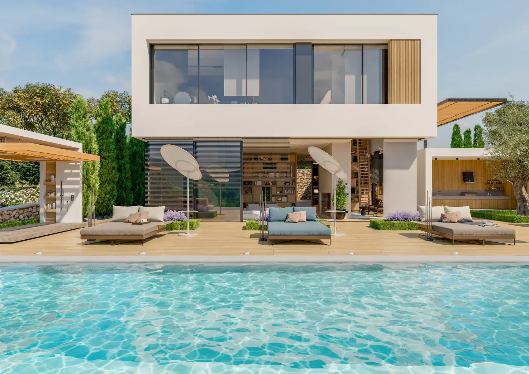 Modern white house with pool, lounge chairs, and outdoor living space.