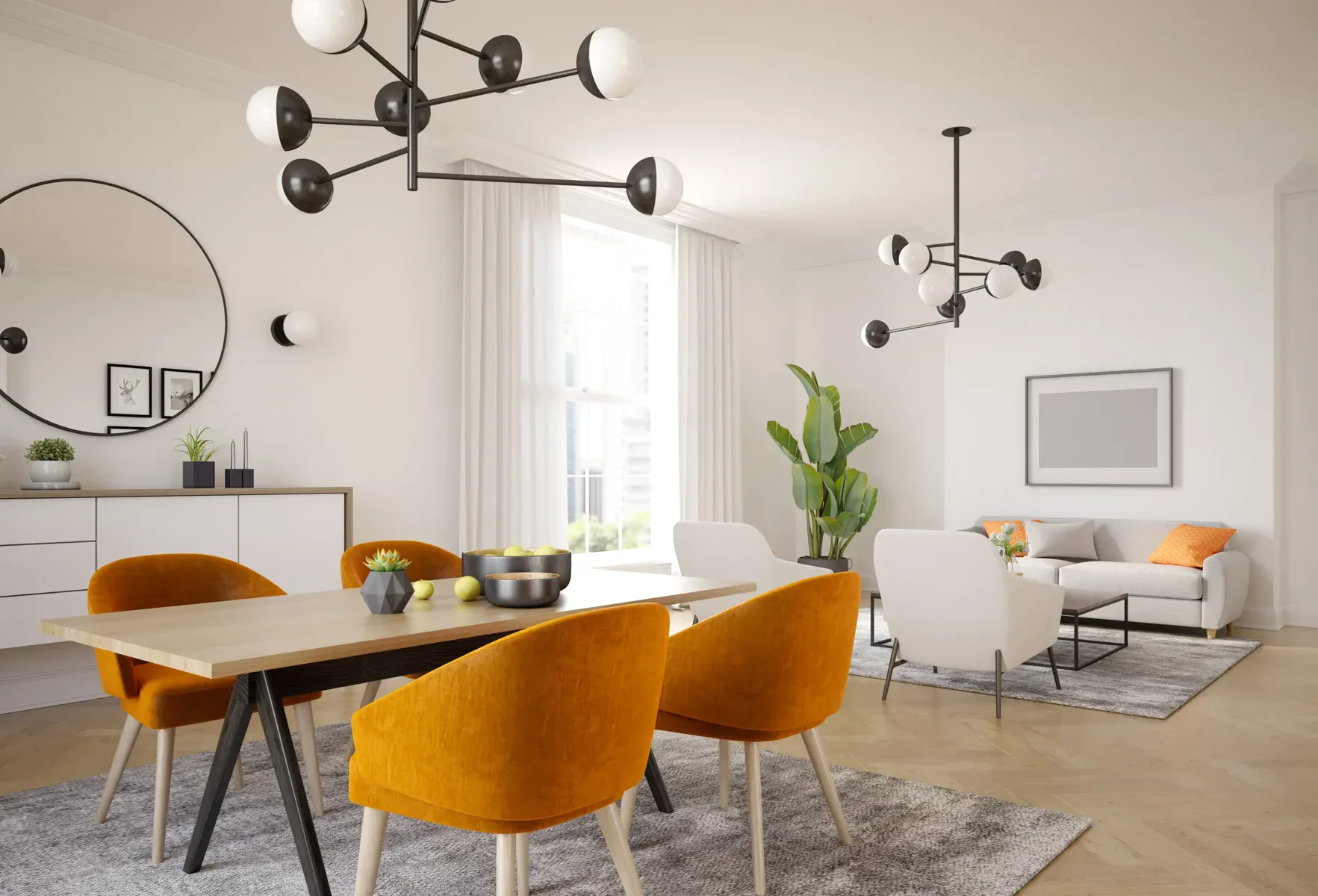 Modern dining room with a wooden table and orange chairs, next to a living area.