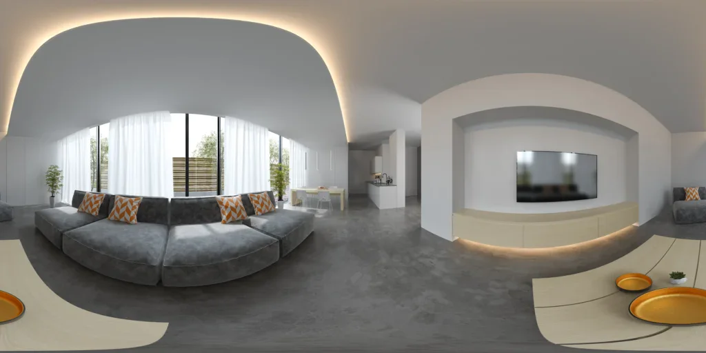 Modern living room with a large curved sofa and a wall-mounted TV.