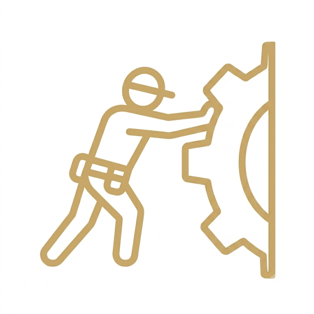 Outline of a person pushing a large gear against a wall