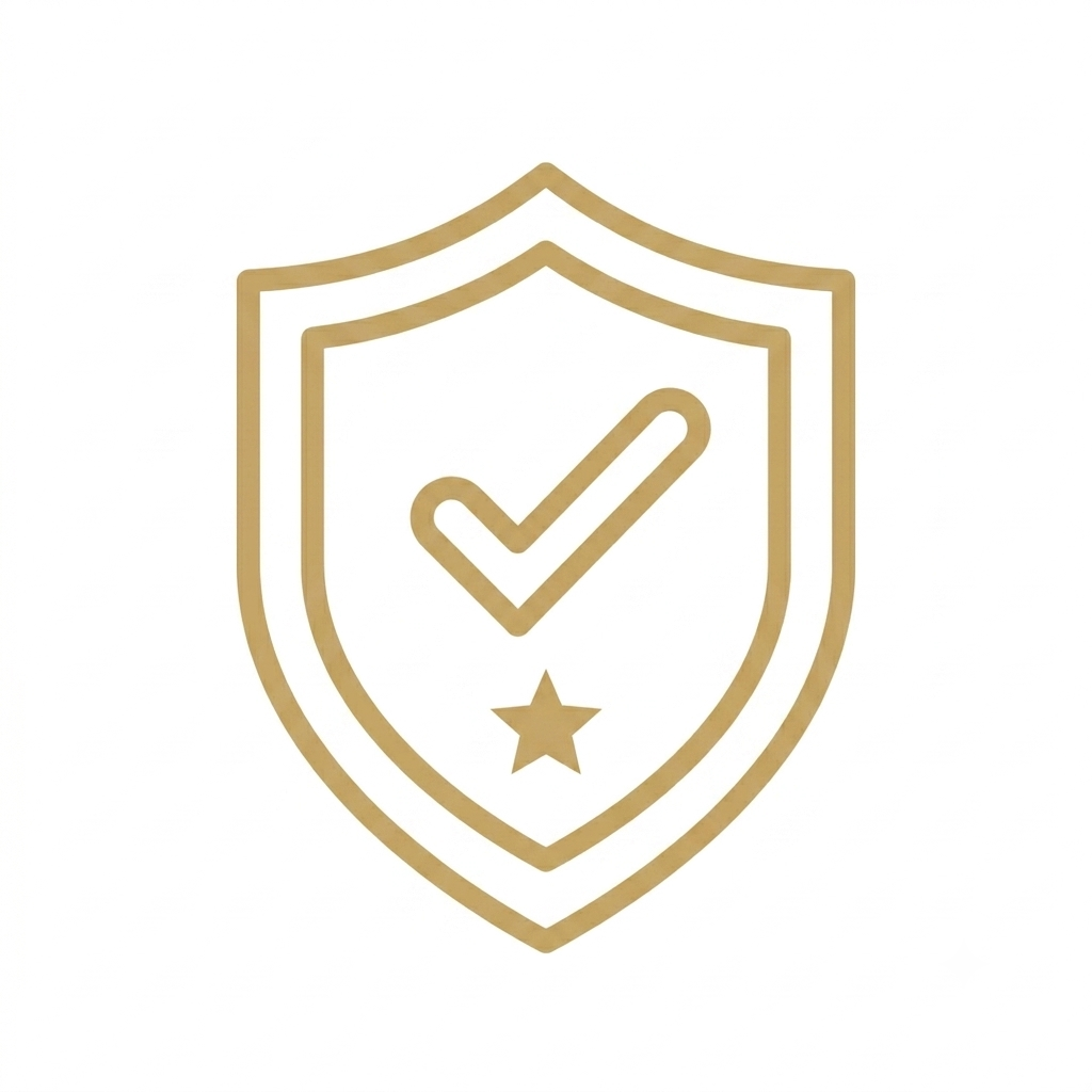 Gold shield with a checkmark and star on a white background