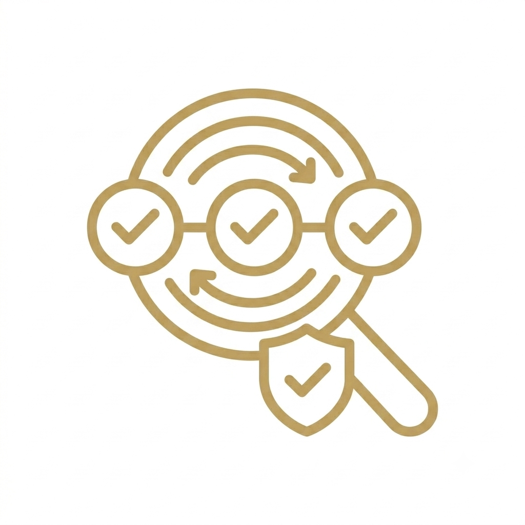 Magnifying glass with checkmarks and arrows, symbolizing a review process.