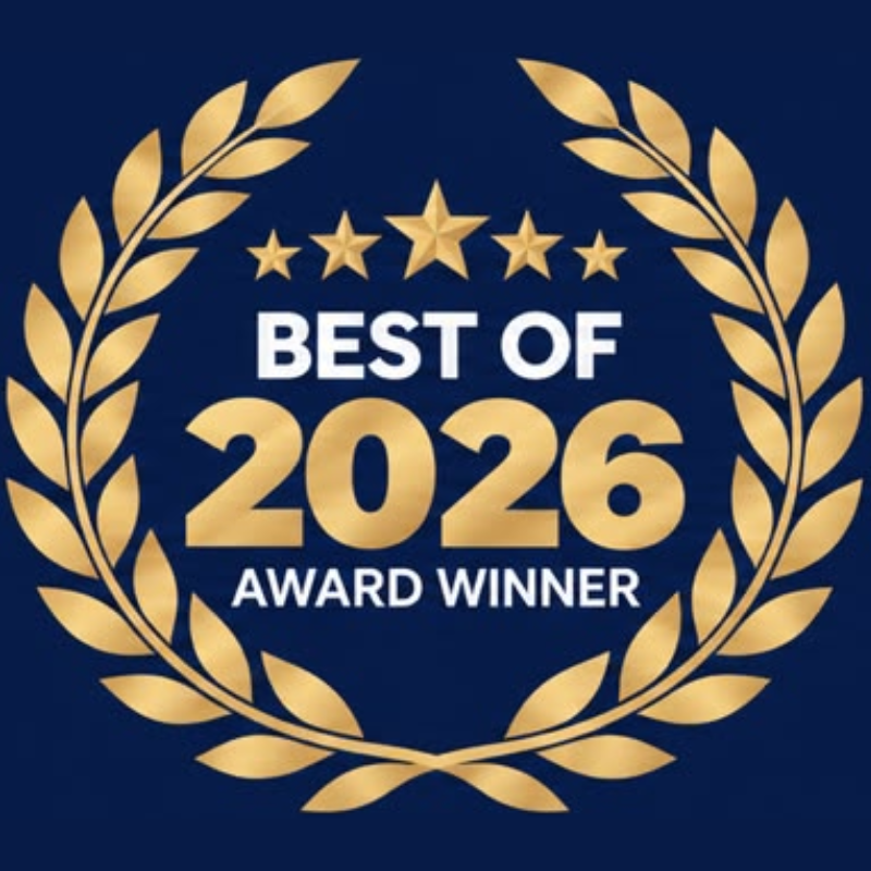 Best of 2026 award winner graphic with gold laurel wreath and stars on navy blue background.