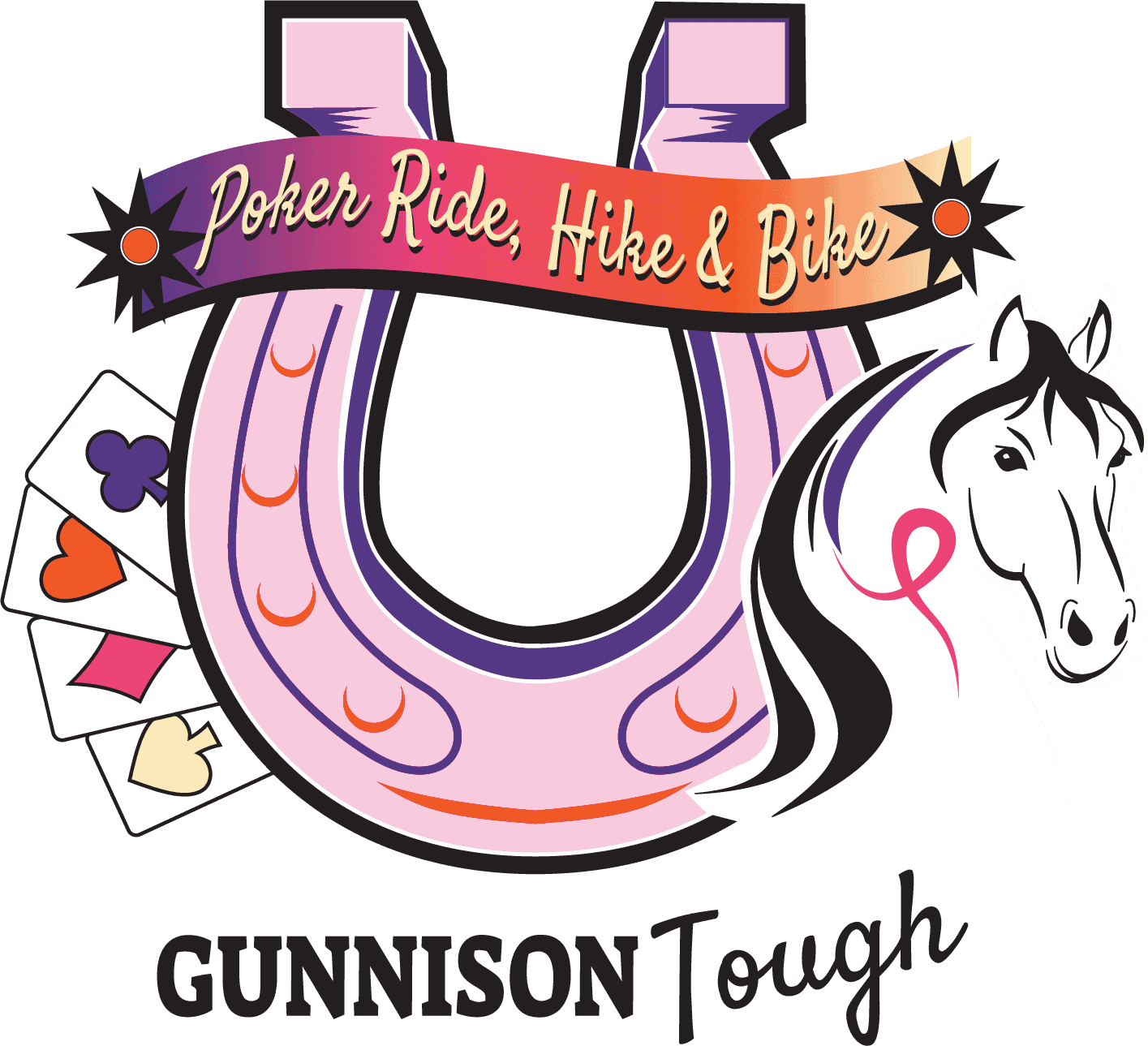 GT Poker Ride, Hike, and Bike logo featuring poker cards in Gunnison Tough colors, a horse shoe, and banner with the event name.