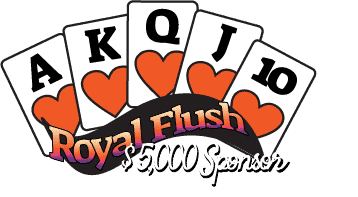 A Royal Flush hand of Ace, King, Queen, Jack, and 10 in orange hearts.