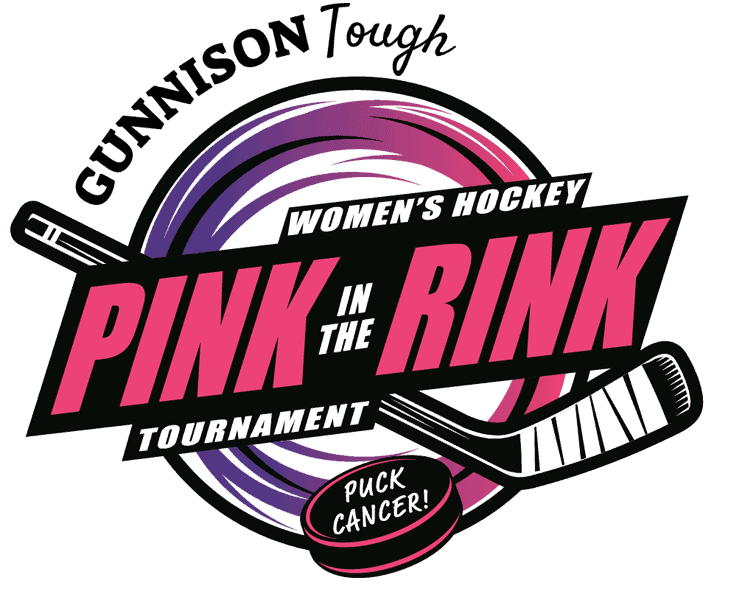 Pink in the Rink Logo with a hockey stick and a puck that says, "Puck Cancer".