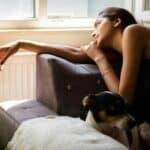 dog laying in couch with owner