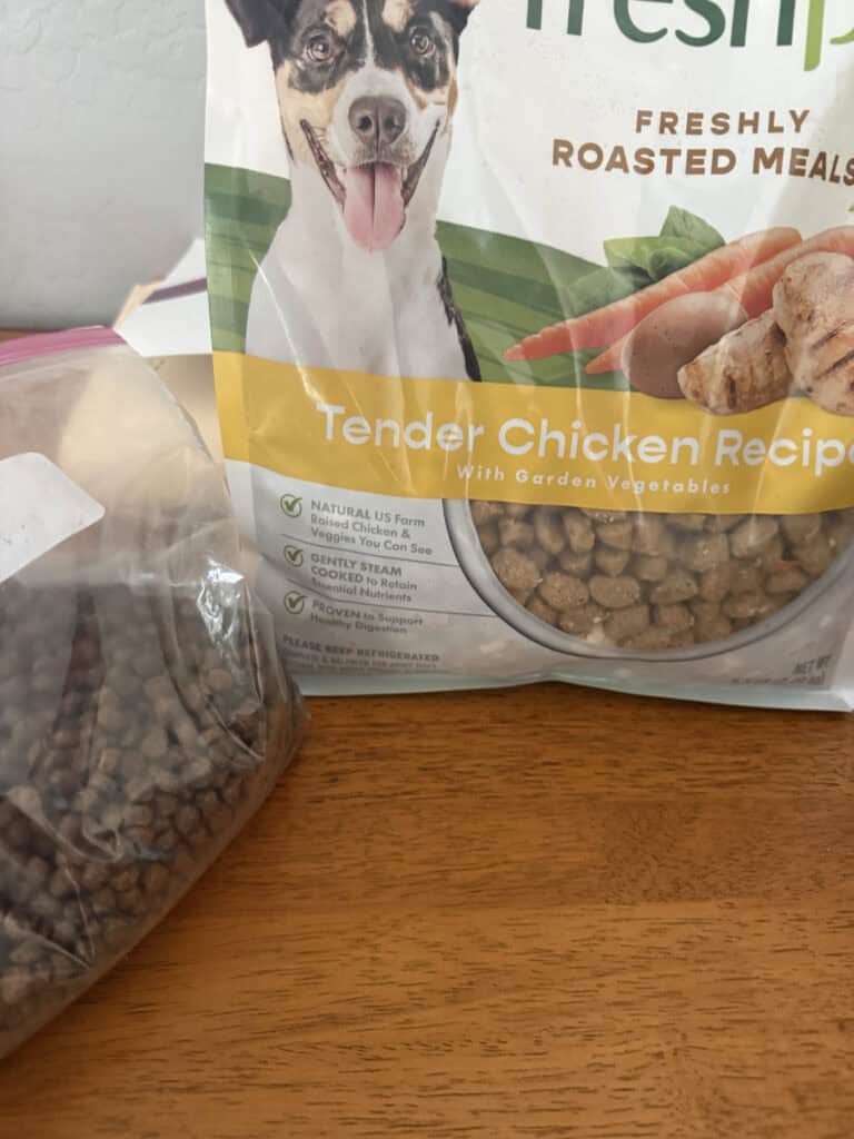 freshpet fresh dog food next to kibble for mixed feeding for a dog