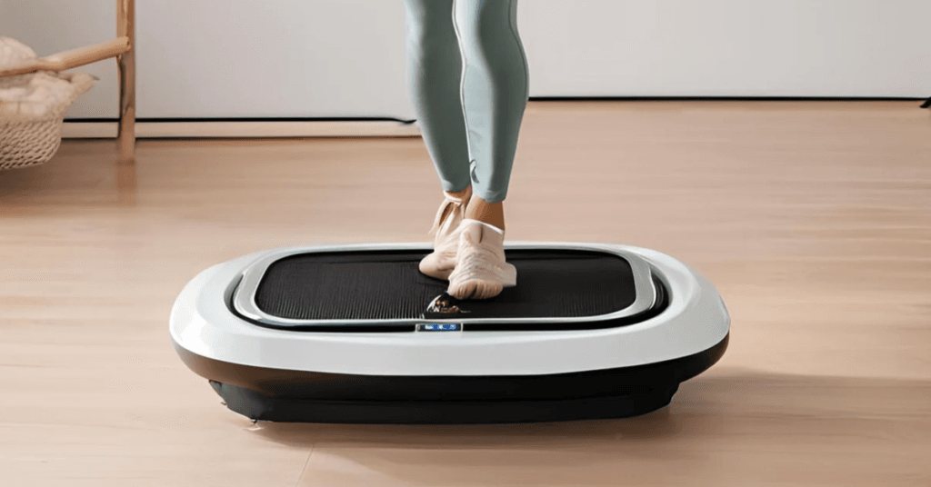A lady standing on a vibration plate excercise equipment.