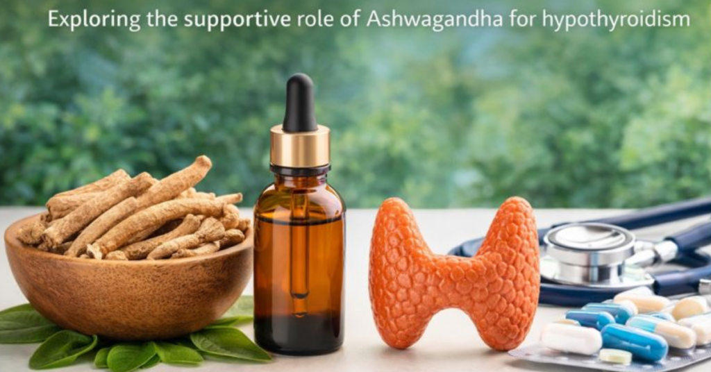 How Ashwagandha Benefits Hypothyroidism Image with roots, extract bottle, and thyroid model