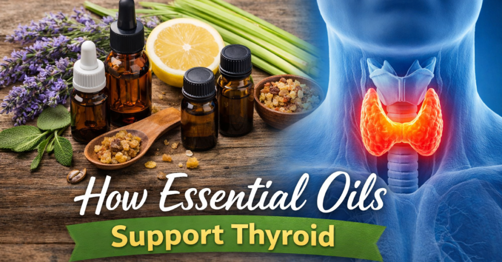 Image of essential oils and thyroid gland representing how essential oils support thyroid How essential oils support thyroid wellness with natural essential oil bottles and a highlighted thyroid gland