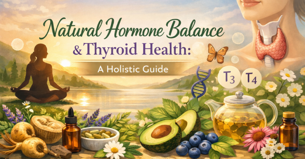 Image of natural hormone balance & thyroid health Healthy foods, essential oils, and hormone balance icons surrounding a woman’s thyroid area representing natural hormone balance and thyroid health support.