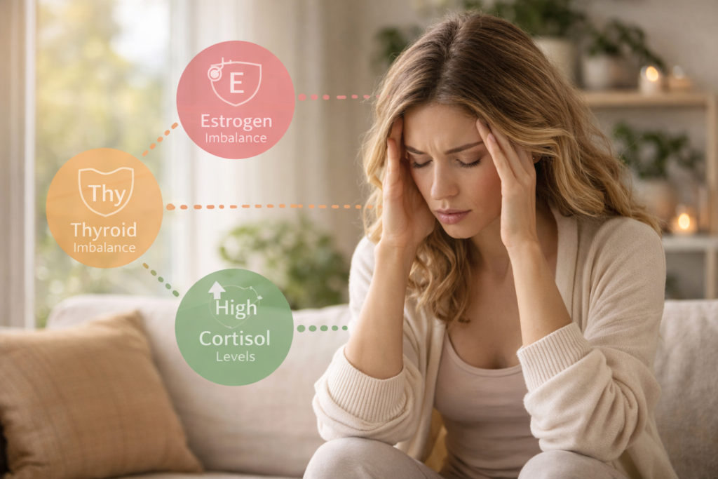 Woman experiencing symptoms of hormone imbalance in women including stress, thyroid, and cortisol disruption