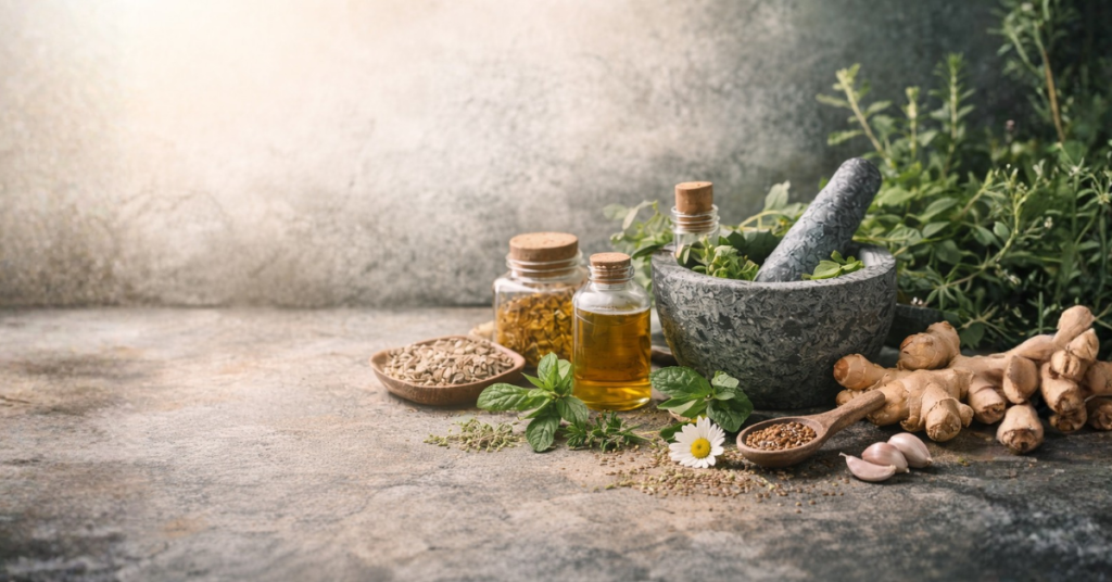Image of hebs and tinctures used in natural remedies and holistic health solutions.