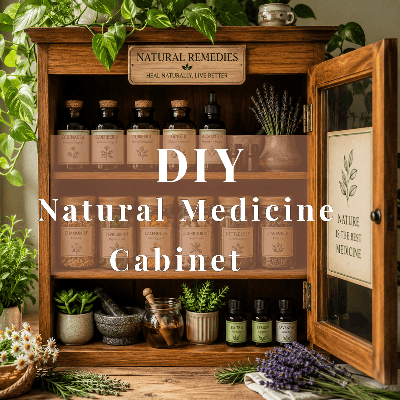 Medicine Cabinet with herbs, tinctures, essential oils for natural healing Natural Medicine Cabinet filled with herbs, tinctures, essential oils for natural wellness