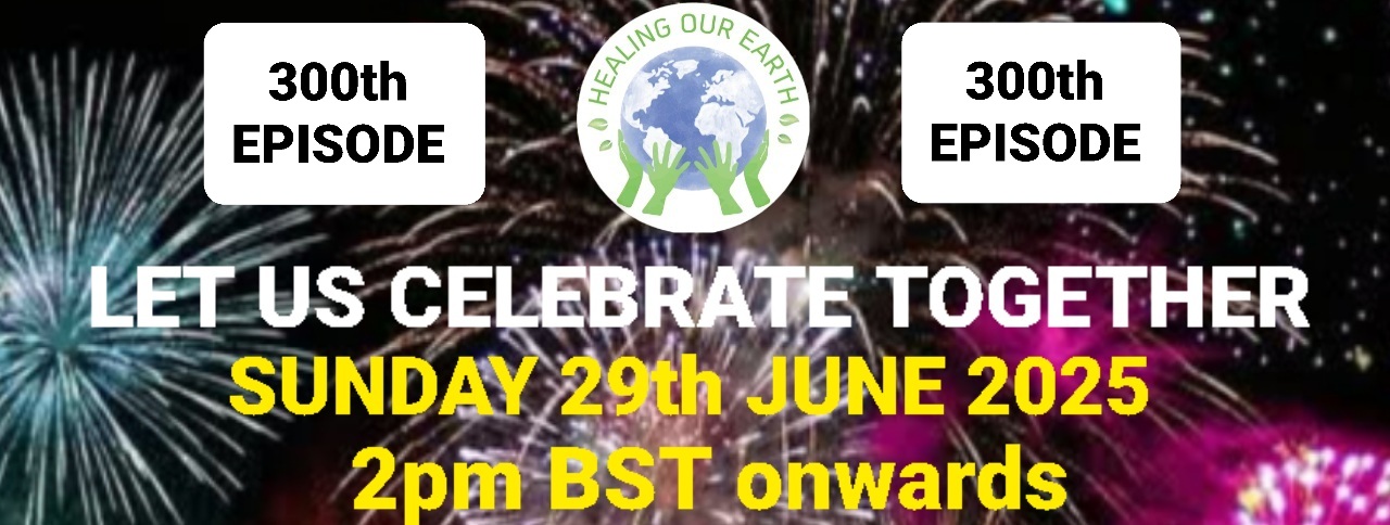 A digital poster for a 5th anniversary celebration. It features text inviting people to a free global online session on Sunday, 13th April 2025, at 2pm BST. The background is dark blue with balloons and confetti. The theme includes "Sing, Chant, Poetry or Deliver a Message.