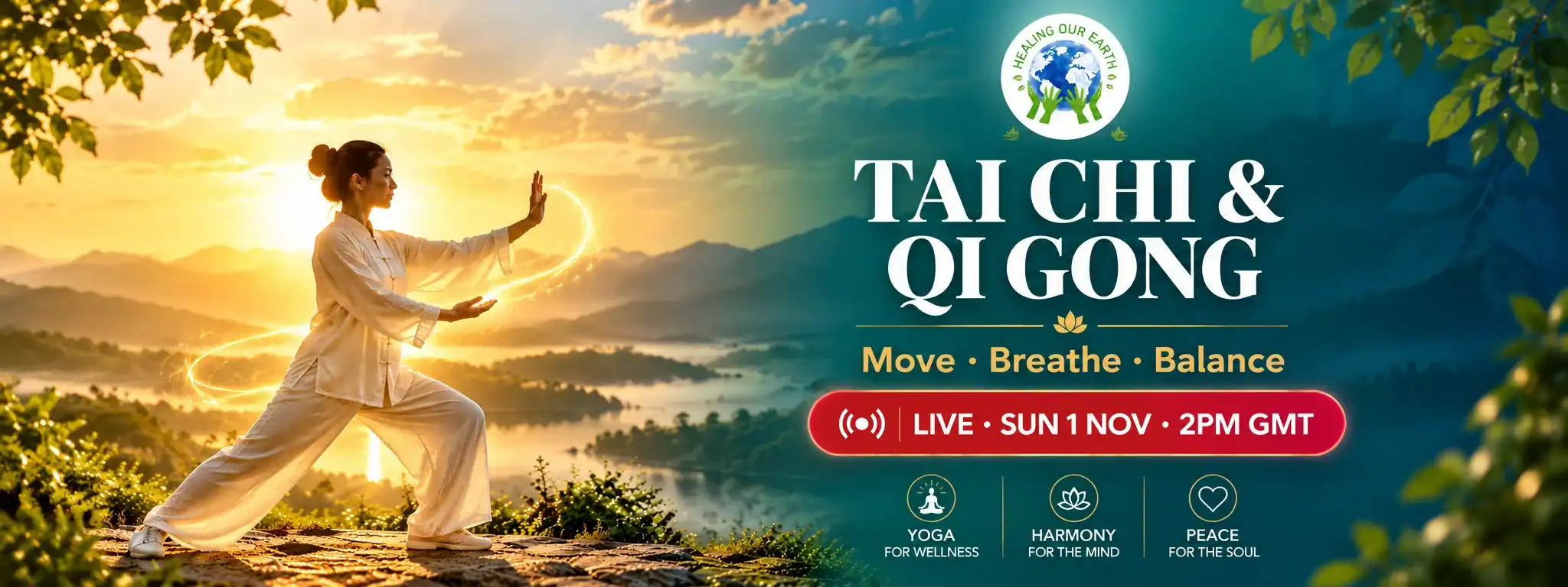 Tai Chi and Qi Gong: move, breathe, balance. Live on Sunday 1 November 2026 at 2pm GMT, a free Healing Our Earth episode