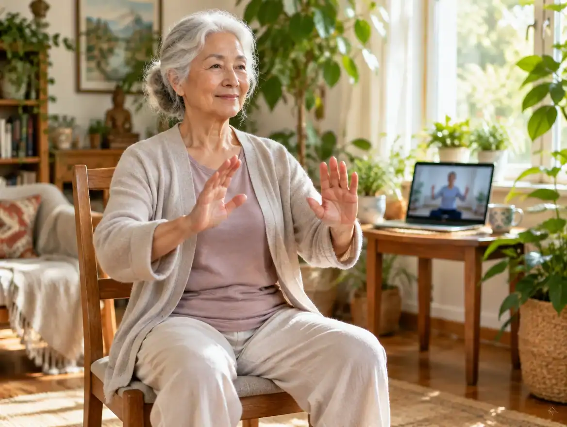 An older woman with silver hair sitting on a wooden chair at home, following a Qigong class on her laptop with her palms raised gently in front of her