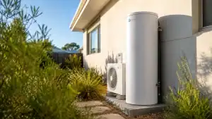 Quiet heat pump hot water system installed on the side of a Perth home