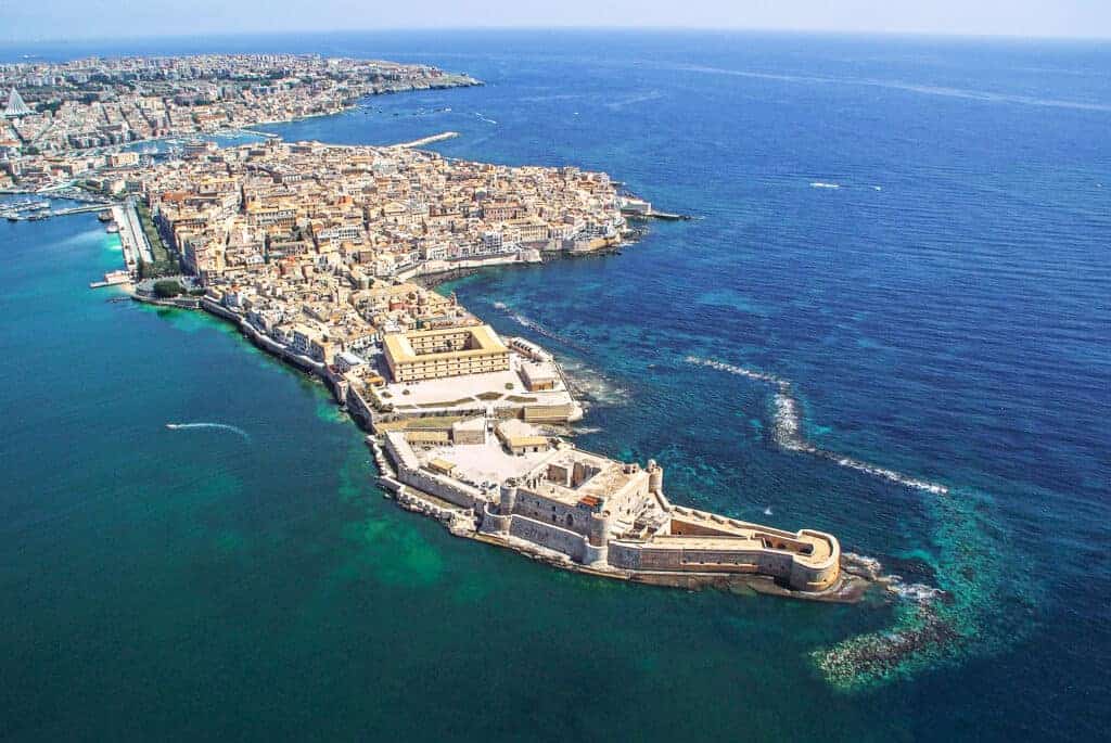 Aerial view of Syracuse coastline and historic Ortigia island