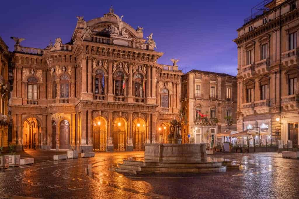 Piazza Bellini Catania, Sicily, at night.