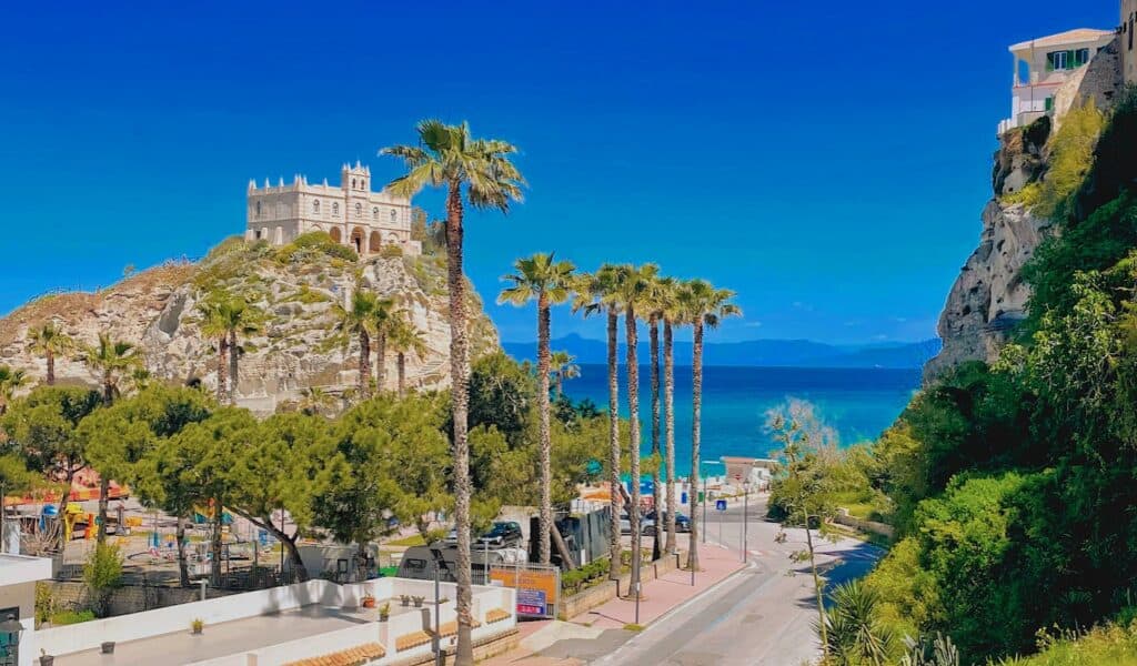 Beautiful Calabria coastline with cliffs, palm trees, and a castle on the hill.