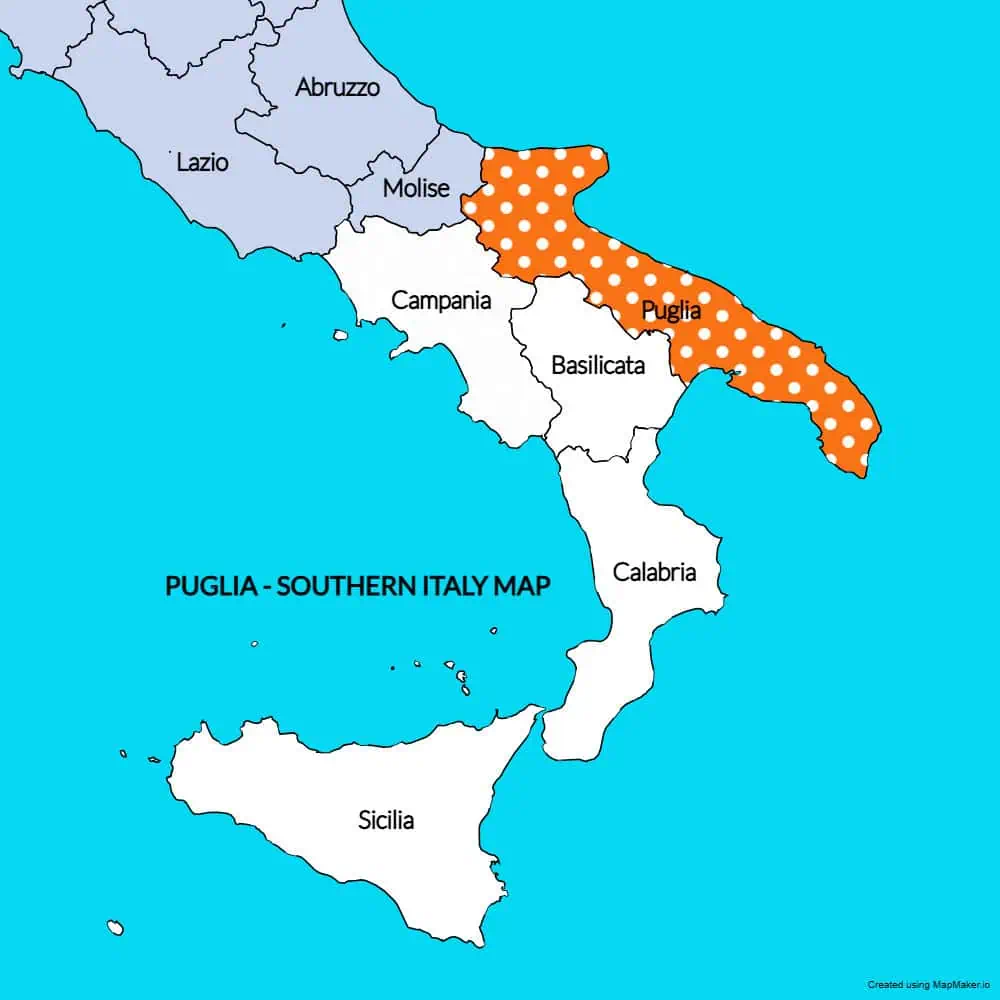 Map of Southern Italy with Puglia region highlighted in orange and white dots.