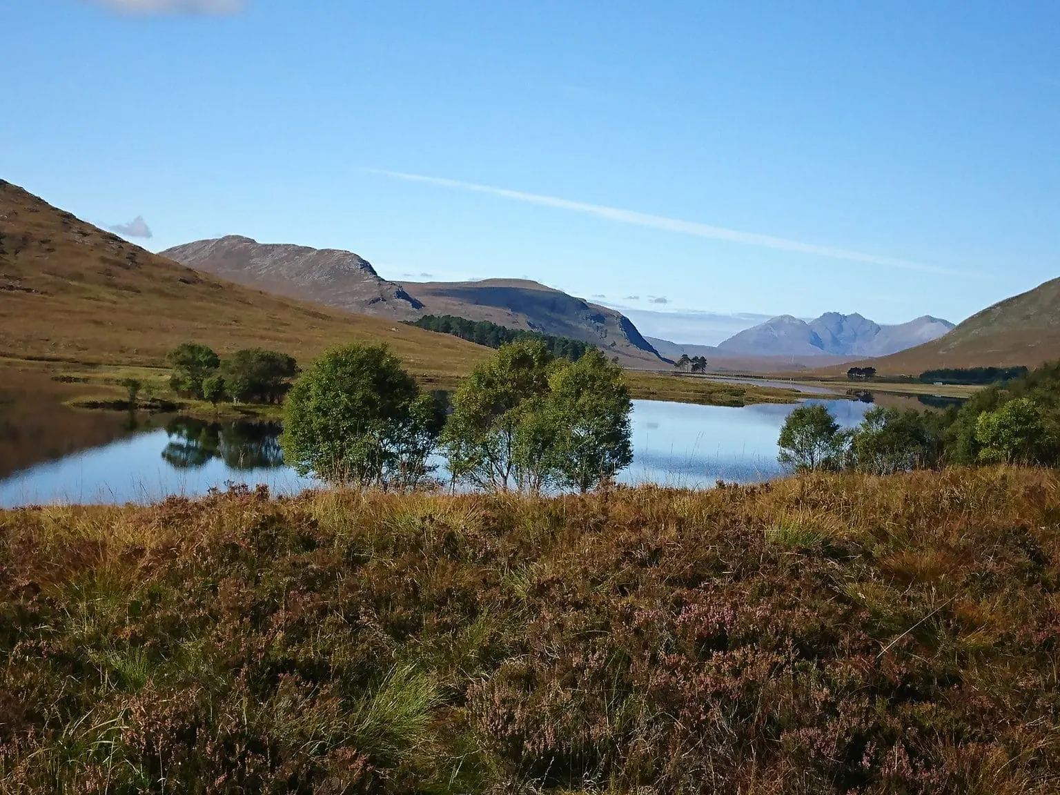 A loch Droma surrounded by grass and trees with An Tellach in the distance on a bright blue sky day, grass covered hills reflecting on to the loch.
