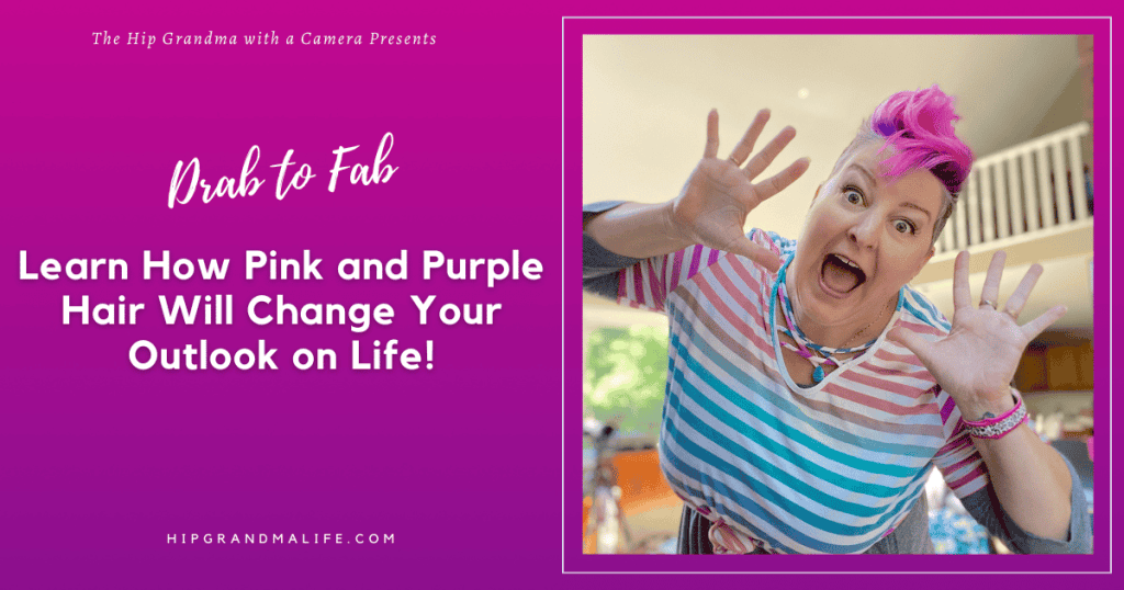 Vibrant pink and purple hair style, expressive joyful face, fun colorful striped shirt, energetic attitude, cheerful grandma portrait for Hip Grandma Life blog.